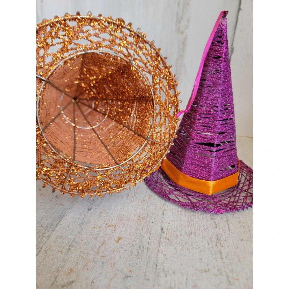 Vintage large Halloween witch hat glitter orange purple ornament set star unique